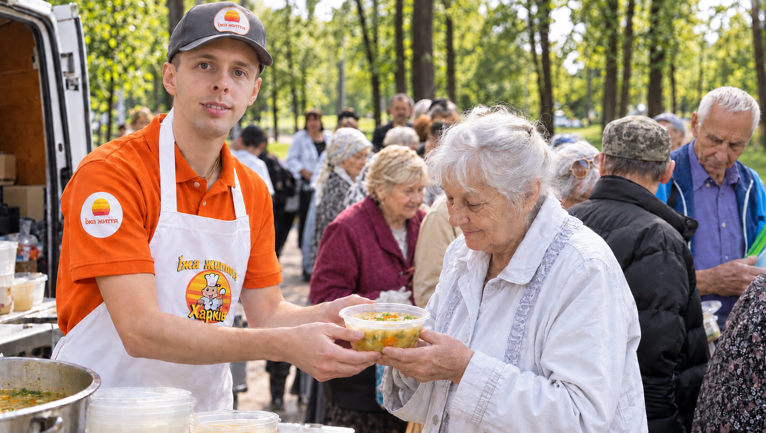 A Food for Life Kharkiv volunteer handing out a hot meal