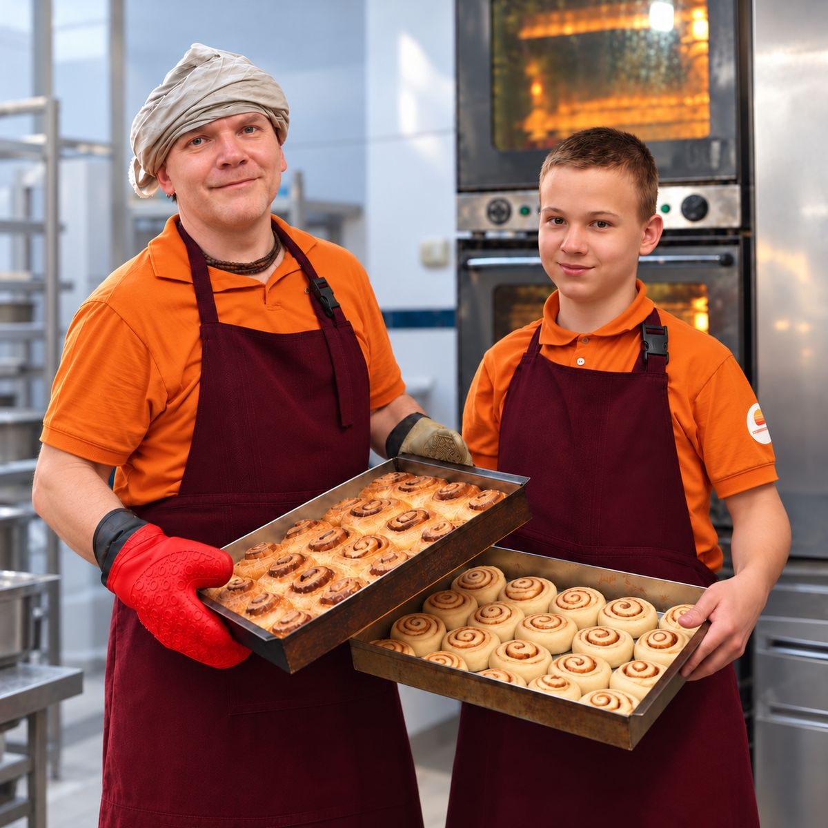 Food for Life Kharkiv volunteers holding trays of buns in the kitchen